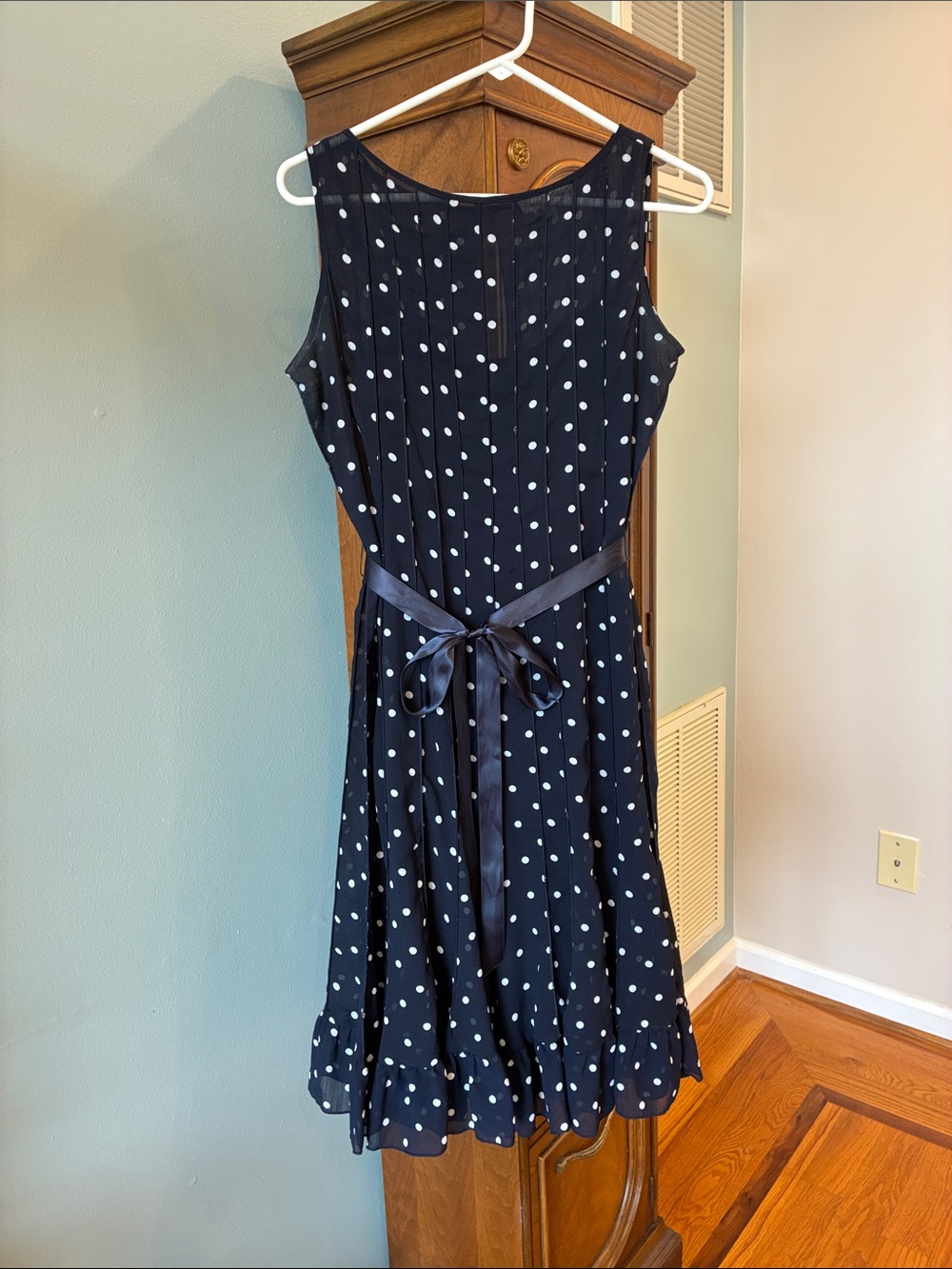 Sandra Darren Navy Polka Dot Sleeveless Fit-and-Flare Dress with Waist Tie
